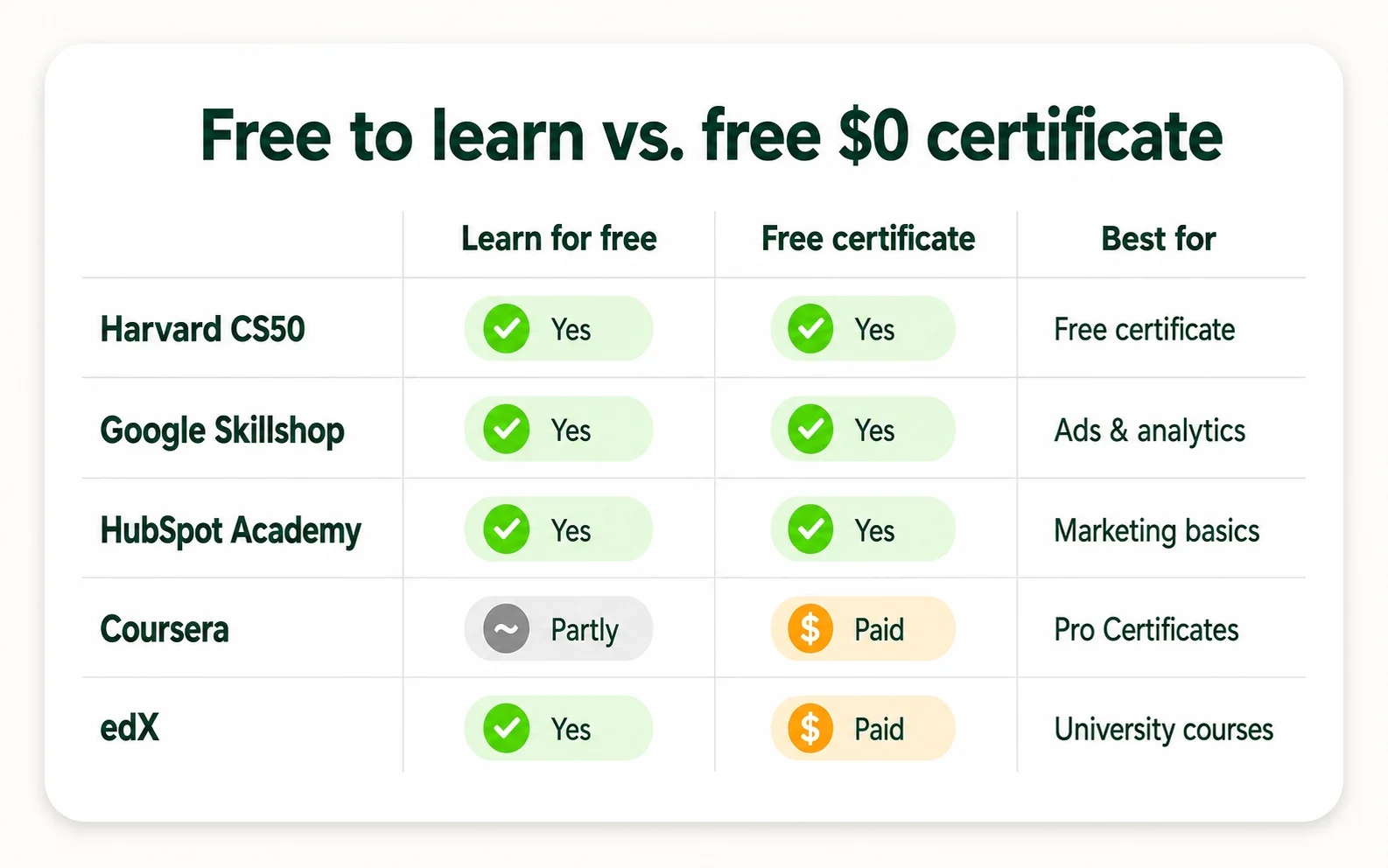 Comparison grid showing whether Harvard CS50, Google Skillshop, HubSpot Academy, Coursera and edX let you learn for free and get a $0 certificate.