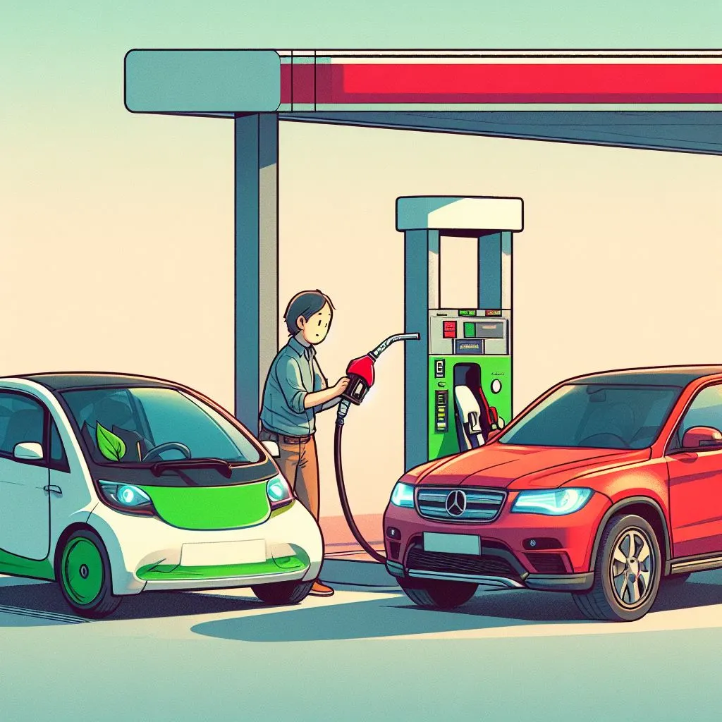 Descubra a revolução dos veículos com nossa comparação visual entre um carro elétrico e um carro a gasolina abastecendo lado a lado.