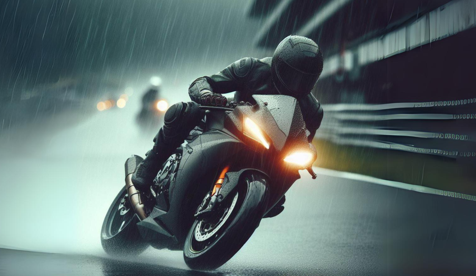 Motoqueiro andando de moto na chuva